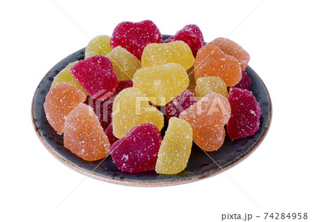 Fruit jelly marmalade of different colors on white background. Studio Photo 74284958