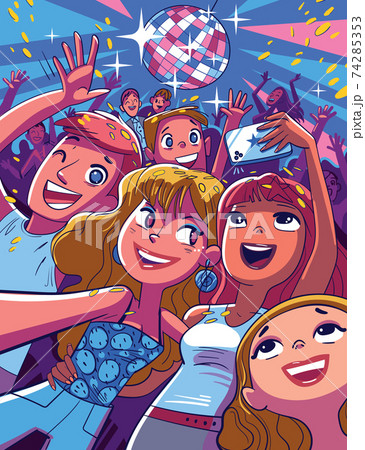 Smiling friends dancing and take a selfie in club 74285353