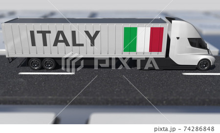Flag of Italy on moving truck and computer keyboard. International shipping related 3d rendering 74286848