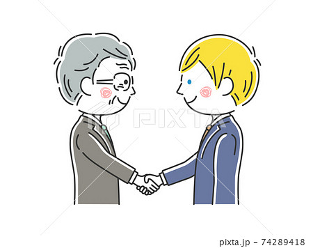 握手をする日本人と白人のビジネスマンのイラストのイラスト素材