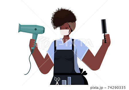 hairdresser wearing mask to prevent coronavirus pandemic self isolation covid-19 quarantine concept hairdresser wearing mask to prevent coronavirus pandemic self isolation covid-19 quarantine concept 74290335
