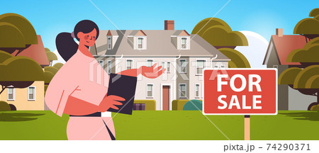 woman sales manager presenting modern town house mortgage loan offer real estate rent sign woman sales manager presenting modern town house mortgage loan offer real estate rent sign 74290371