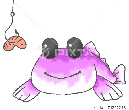 釣り針と餌をじっと見つめるデフォルメしたハゼ 紫色 のイラスト素材