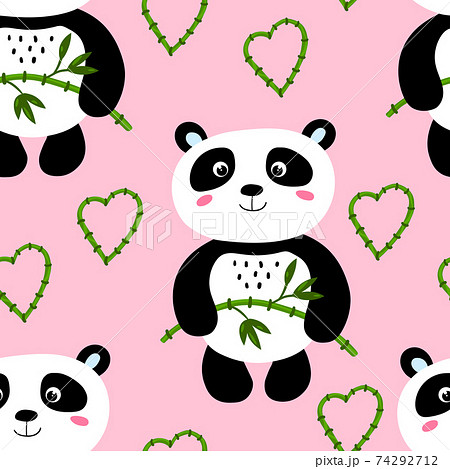 Seamless pattern with cute panda baby on color background. Funny asian animals. Card, postcards for kids. Flat vector illustration for fabric, textile, wallpaper, poster, gift wrapping paper. 74292712