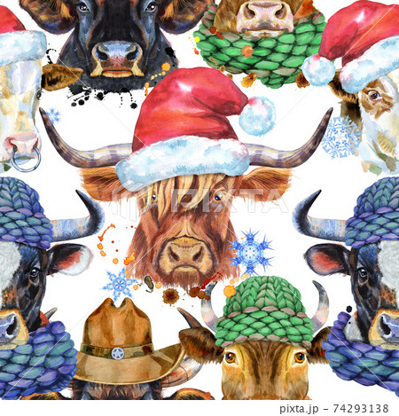 Seamless pattern. Watercolor illustration of a bulls 74293138