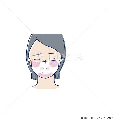 マスクのつけ外しで肌荒れに悩んでいる女性のイラストのイラスト素材