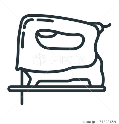 Manual wooden jig saw construction drill icon tool device, concept fretsaw repair building line flat vector illustration, isolated on white. Manual wooden jig saw construction drill icon tool device, concept fretsaw repair building line flat vector illustration, isolated on white. 74293659