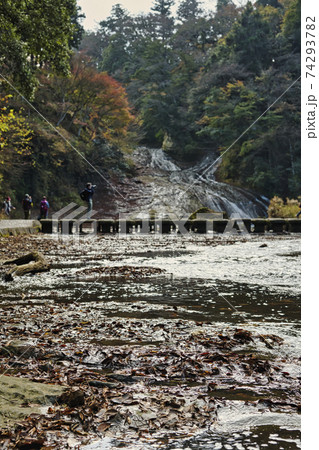 【紅葉の粟又の滝と石橋を満喫する観光客】 【紅葉の粟又の滝と石橋を満喫する観光客】 74293782