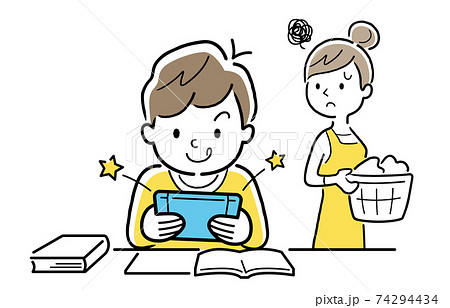 ベクターイラスト素材 宿題をせずゲームをする子供に困っている母親のイラスト素材