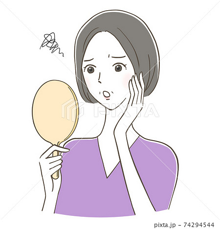 手鏡を見て困った顔のシニア女性のイラスト素材