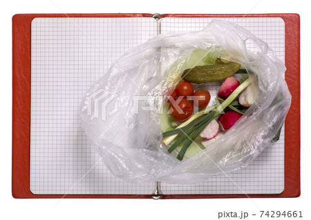 Still life with tomatoes, radishes, onions and cucumbers on an open notebook Still life with tomatoes, radishes, onions and cucumbers on an open notebook 74294661