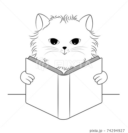 Cute cat reading book. Cartoon character design. Outline illustration. Cute cat reading book. Cartoon character design. Outline illustration. 74294927