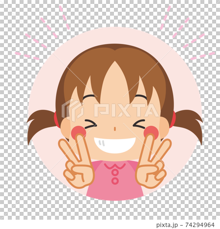 両手でピースをしているご機嫌な可愛い小さな女の子 アイコン イラスト 円型のイラスト素材