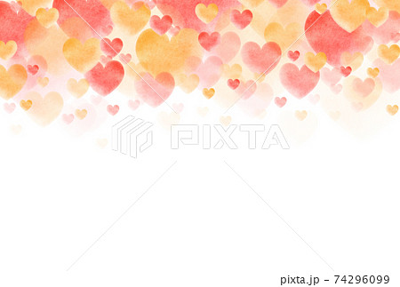 バレンタイン素材 大中小の水彩ハートが上に湧き上がるイメージ 暖色系 横 背景白 他色有り 74296099