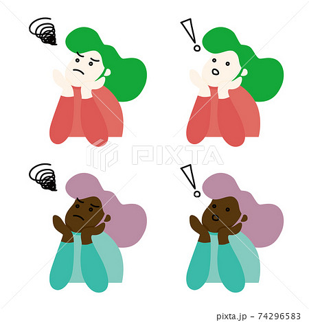 悩む人 ひらめく人 困る 考える 思いつく カラフル かわいい フラット 女性 Womanのイラスト素材 悩む人 ひらめく人 困る 考える 思いつく カラフル かわいい フラット 女性 Womanのイラスト素材