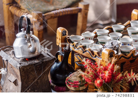 place with cups of Ethiopian coffee 74298831