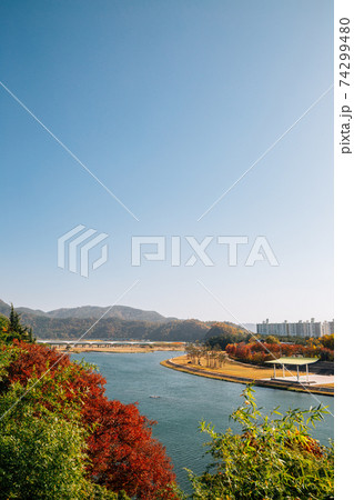 Panoramic view of Miryang river and mountain at autumn in Miryang, Korea Panoramic view of Miryang river and mountain at autumn in Miryang, Korea 74299480