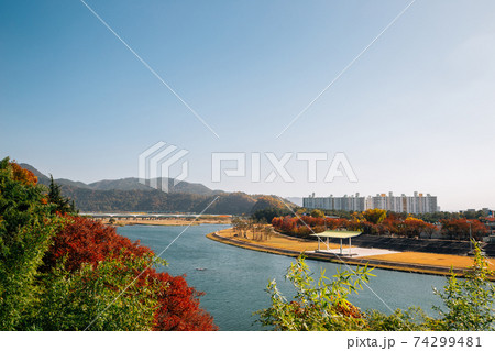 Panoramic view of Miryang river and mountain at autumn in Miryang, Korea Panoramic view of Miryang river and mountain at autumn in Miryang, Korea 74299481