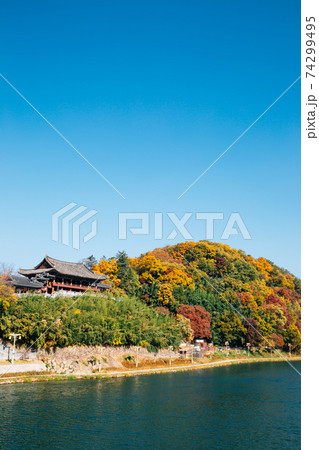 Yeongnamnu Korean traditional pavilion and autumn colorful mountain in Miryang, Korea Yeongnamnu Korean traditional pavilion and autumn colorful mountain in Miryang, Korea 74299495