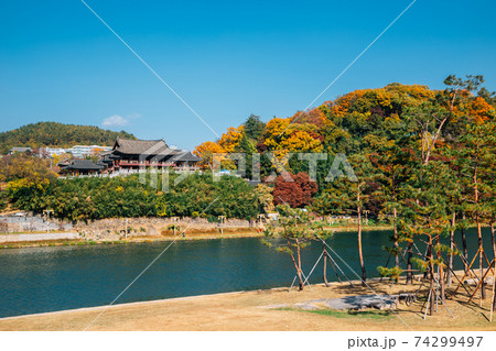 Yeongnamnu Korean traditional pavilion and autumn colorful mountain in Miryang, Korea Yeongnamnu Korean traditional pavilion and autumn colorful mountain in Miryang, Korea 74299497
