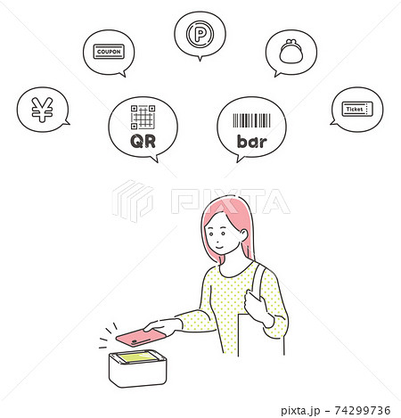 スマホのバーコードを読み取る若い女性　アイコン吹き出し付き／3色 74299736