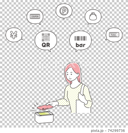 スマホのバーコードを読み取る若い女性　アイコン吹き出し付き／3色 74299736