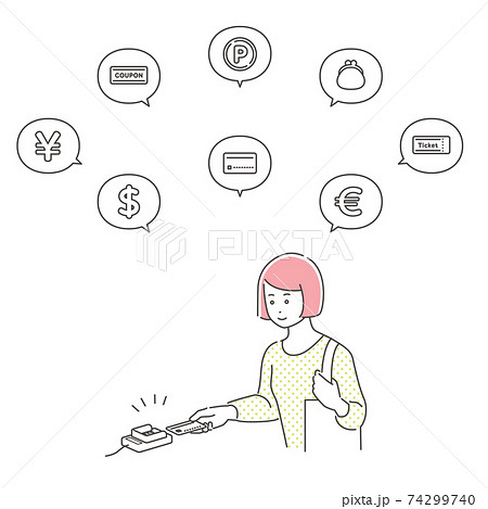 クレジットカード決済をする女性　アイコン吹き出し付き／3色 74299740