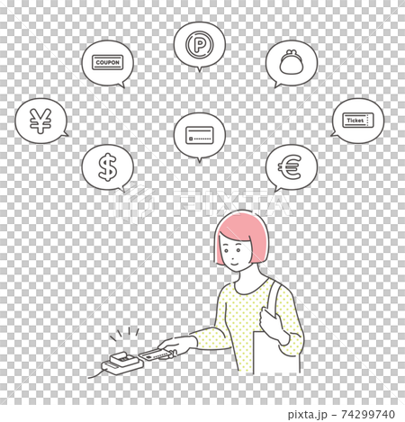 クレジットカード決済をする女性　アイコン吹き出し付き／3色 74299740