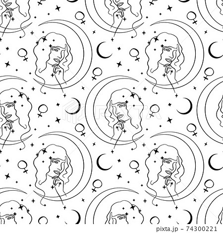 Seamless pattern with single line drawing of woman portrait with moon and stars and planet venus sign Seamless pattern with single line drawing of woman portrait with moon and stars and planet venus sign 74300221