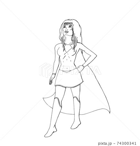 super hero girl with long cape is standing 74300341