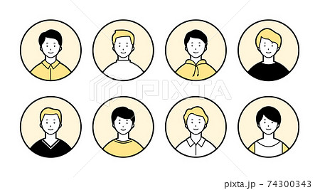 男性のアイコンのセット／シンプル／バリエーション／20代／30代／男／上半身／バリエーション／丸 74300343