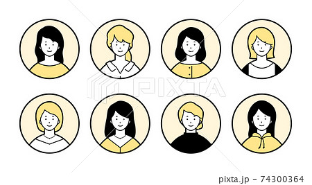 女性のアイコンのセット／シンプル／バリエーション／20代／30代／女／上半身／バリエーション／丸 74300364