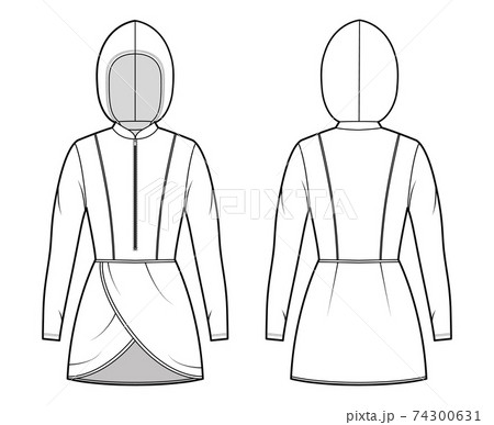 Modest hijab tunic technical fashion illustration with zip henley neck, long sleeves, fitted body, petals hem, hood.  74300631