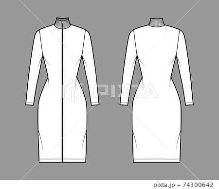 Turtleneck zip-up dress technical fashion illustration with long sleeves, knee length, fitted body, Pencil fullness Flat Turtleneck zip-up dress technical fashion illustration with long sleeves, knee length, fitted body, Pencil fullness Flat 74300642