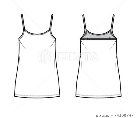 Camisole dress technical fashion illustration with scoop neck, straps, mini length, oversized body, Pencil fullness. 74300747