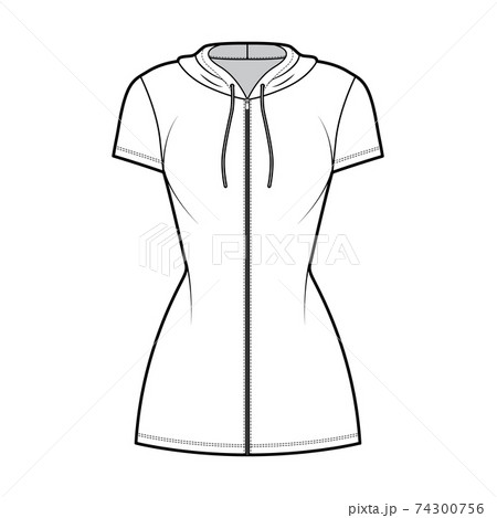 Hoodie zip-up dress technical fashion illustration with short sleeves, mini length, fitted body, Pencil fullness. Flat Hoodie zip-up dress technical fashion illustration with short sleeves, mini length, fitted body, Pencil fullness. Flat 74300756
