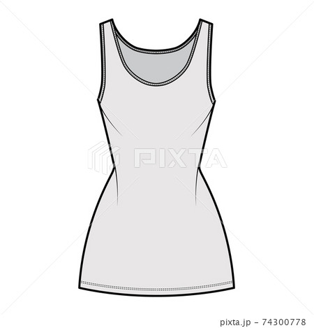 Tank dress technical fashion illustration with scoop neck, straps, mini length, fitted body, Pencil fullness. Flat 74300778
