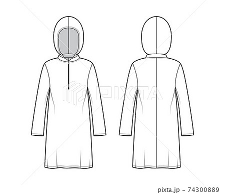 Modest hijab tunic technical fashion illustration with zip henley neck, long sleeves, oversized, under-the-knee length Modest hijab tunic technical fashion illustration with zip henley neck, long sleeves, oversized, under-the-knee length 74300889