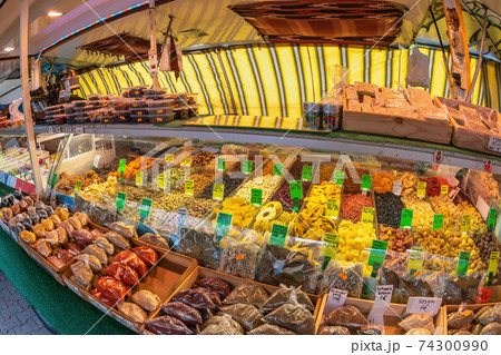 Berlin, Germany - MAY 10, 2017: shop at Wochenmarkt am Maybachufer the famous Turkish market at Berlin Germany 74300990