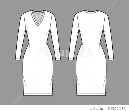 T-shirt dress technical fashion illustration with V-neck, long sleeves, knee length, fitted body, Pencil fullness. Flat T-shirt dress technical fashion illustration with V-neck, long sleeves, knee length, fitted body, Pencil fullness. Flat 74301172