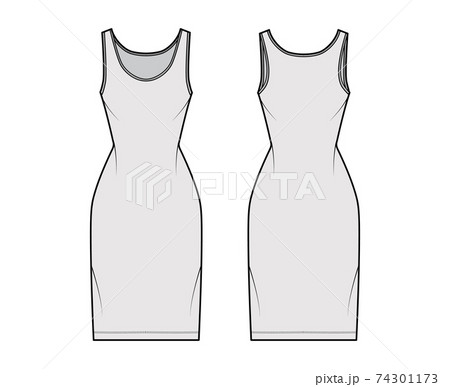 Tank dress technical fashion illustration with scoop neck, straps, knee length, fitted body, Pencil fullness. Flat Tank dress technical fashion illustration with scoop neck, straps, knee length, fitted body, Pencil fullness. Flat 74301173