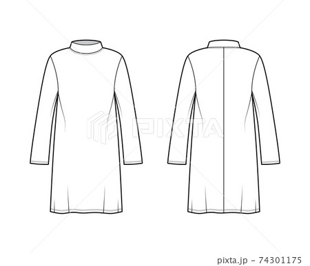 Tunic sweater technical fashion illustration with stand-away collar, long sleeves, oversized, knee length. Flat modest Tunic sweater technical fashion illustration with stand-away collar, long sleeves, oversized, knee length. Flat modest 74301175