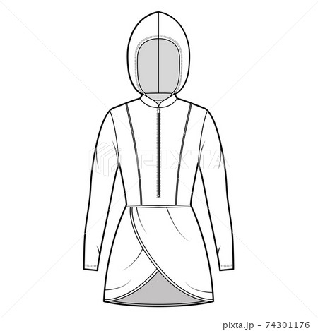 Modest hijab tunic technical fashion illustration with zip henley neck, long sleeves, fitted body, petals hem, hood.  74301176