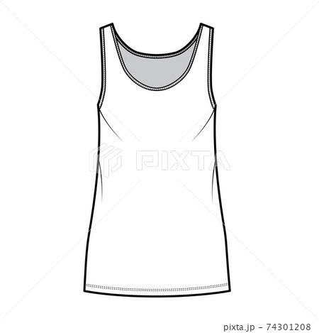 Tank dress technical fashion illustration with scoop neck, straps, mini length, oversized body, Pencil fullness. Flat 74301208