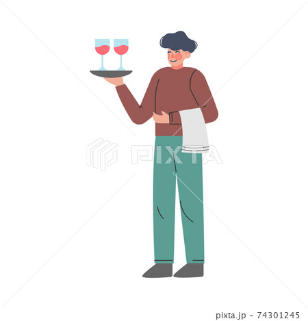 Waiter Holding Tray With Two Glasses Of Red のイラスト素材