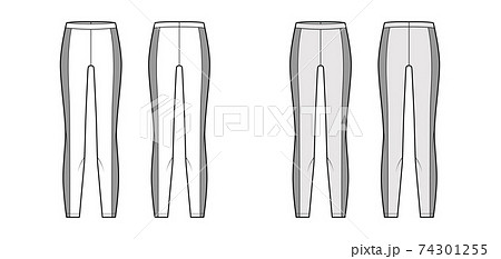 Yoga pants technical fashion illustration with elastic waistband, side panels, training slim, casual knit trousers. Flat 74301255