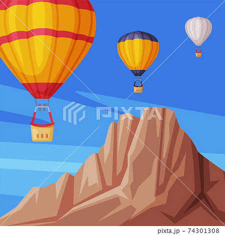 Floating Hot Air Balloons in the Blue Sky with Mountain Peak Beneath Vector Illustration 74301308