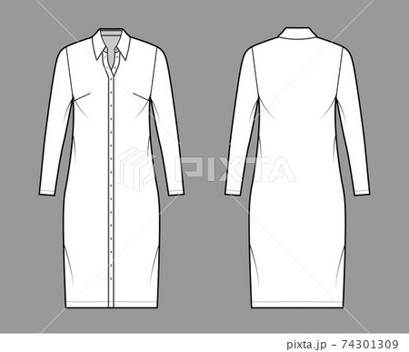 Shirt dress technical fashion illustration with classic regular collar, knee length, oversized body, Pencil fullness 74301309