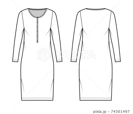 Shirt dress technical fashion illustration with henley neck, long sleeves, knee length, oversized, Pencil fullness. Flat Shirt dress technical fashion illustration with henley neck, long sleeves, knee length, oversized, Pencil fullness. Flat 74301497