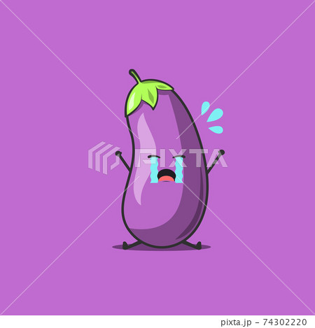 Funny cute eggplant character. Vector flat eggplant cartoon character feeling sad and crying. Isolated on purple background. Eggplant fruit concept Funny cute eggplant character. Vector flat eggplant cartoon character feeling sad and crying. Isolated on purple background. Eggplant fruit concept 74302220